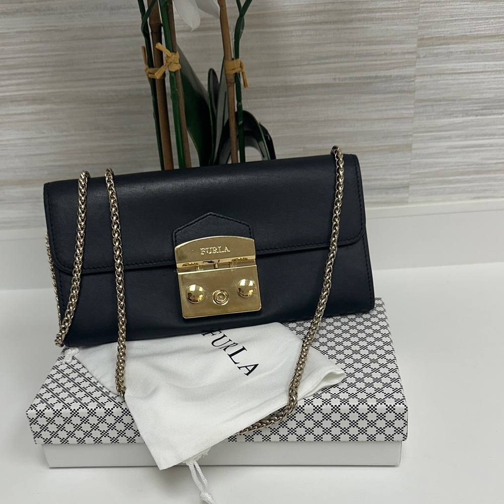Furla Black Crossbody Bag with Gold Accents